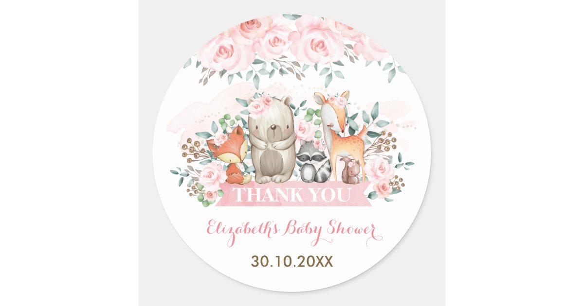 Soft Pink Roses Woodland Forest Animals Thank You Classic Round Sticker ...