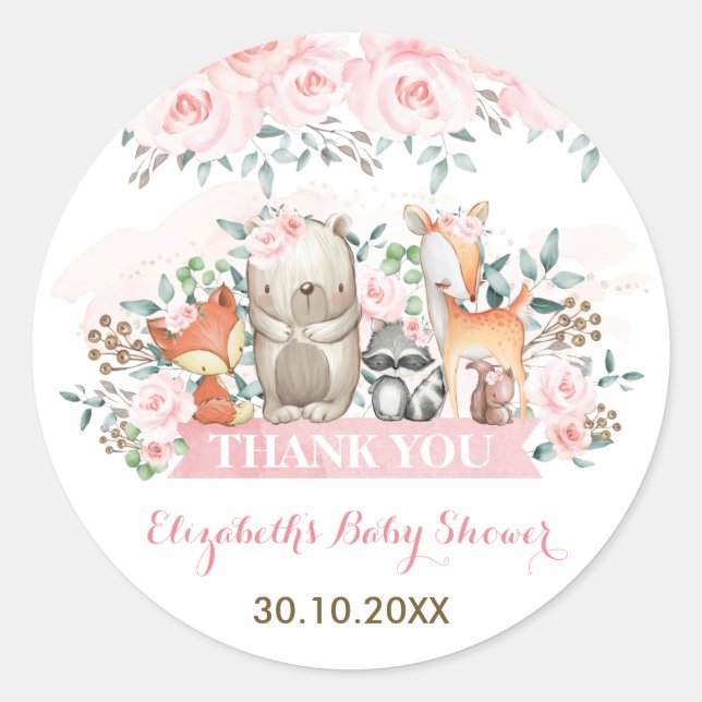Soft Pink Roses Woodland Forest Animals Thank You Classic Round Sticker (Front)