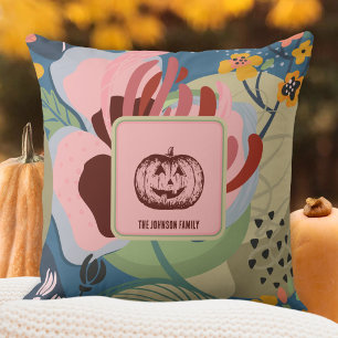 Soft Pink Rust Brown Fall Floral Pumpkin Throw Pillow