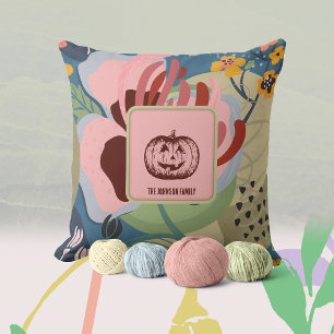 Soft Pink Rust Brown Fall Pumpkin Floral Throw Pillow