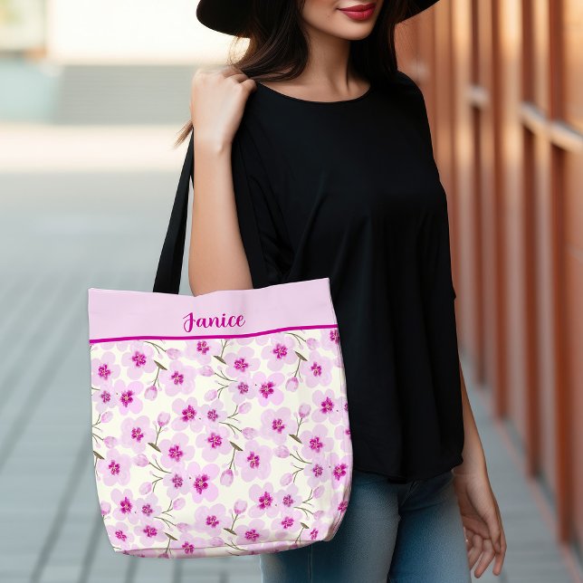 Soft Pink Sakura Cherry Blossom Design Tote Bag (Watercolor Cherry Blossoms And Cream Tote Bag)