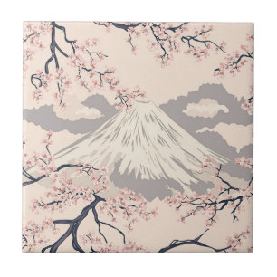 Soft Pink Sakura Mount Fuji Scenic Pattern Ceramic Tile