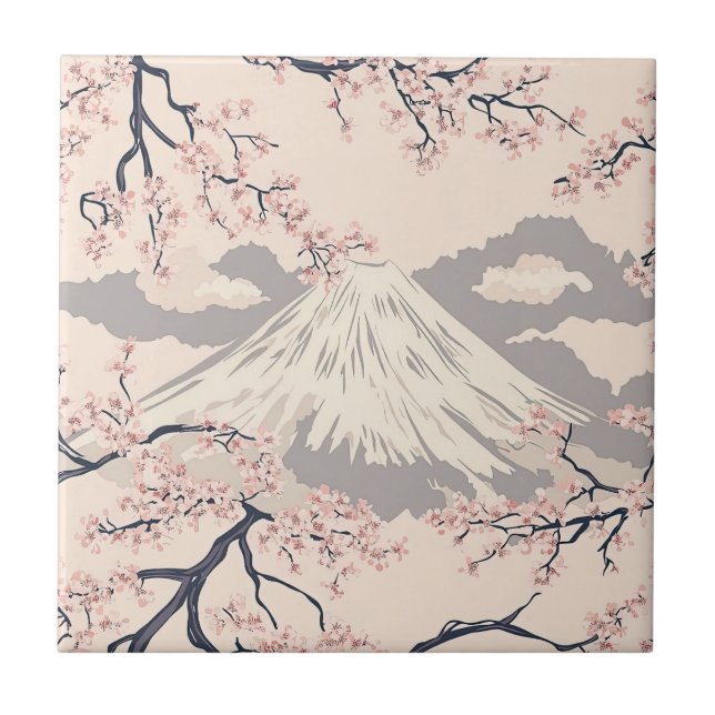 Soft Pink Sakura Mount Fuji Scenic Pattern Ceramic Tile (Front)