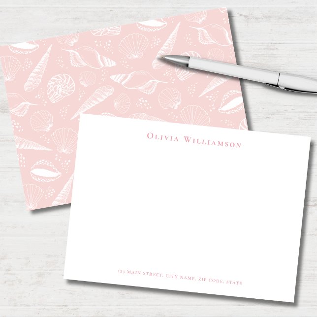 Soft Pink Sea Shell Coastal Note Card (Soft pink and white seashell personalized stationery note cards )
