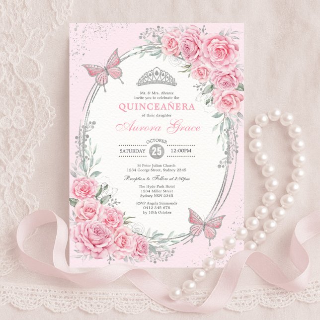 Soft Pink Silver Quinceañera Rose Flower Butterfly Invitation (Creator Uploaded)