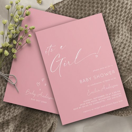 Soft Pink  Simple Heart Its a Girl Baby Shower Invitation