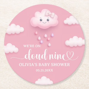 Soft pink sky white fluffy cloud nine baby shower round paper coaster