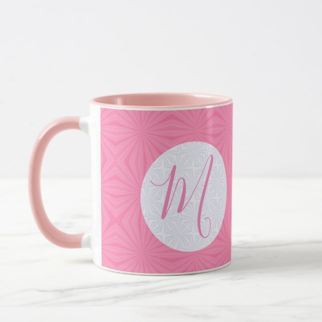 Soft Pink Squiggly Squares Personalized Initial Mug (Left)