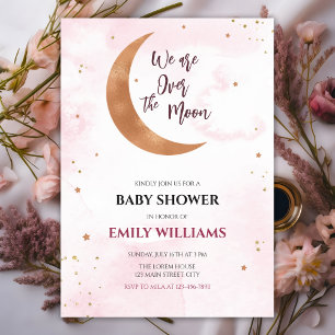 Soft Pink Stars Over the Moon Baby Girl Shower Invitation