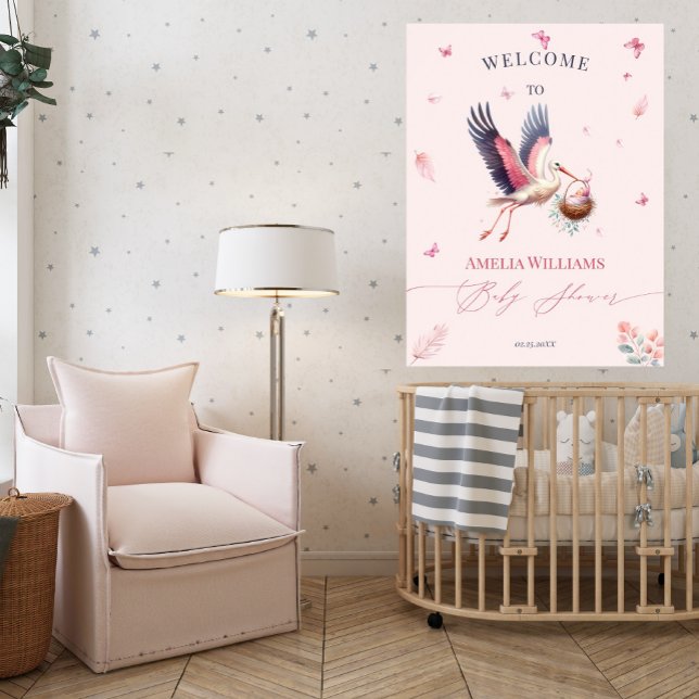 Soft Pink Stork Butterflies Welcome Baby Shower Poster (Creator Uploaded)