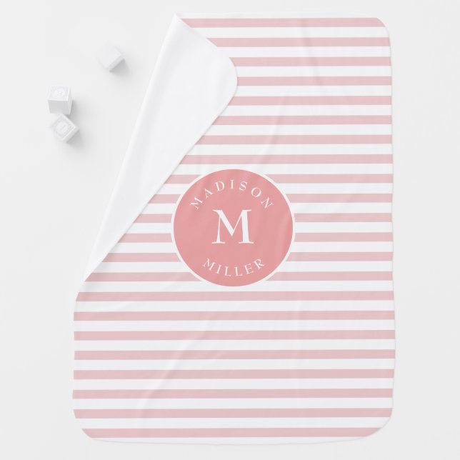 Soft Pink Striped Baby Blanket Name, Initial (In Situ)