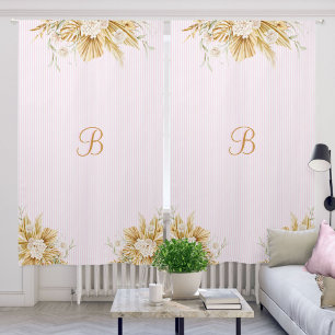 Soft Pink Striped Watercolor Floral Monogram Blackout Curtains