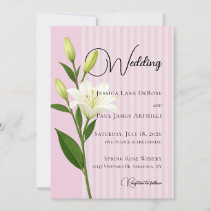 Soft Pink Striped White Lily Wedding Invitation