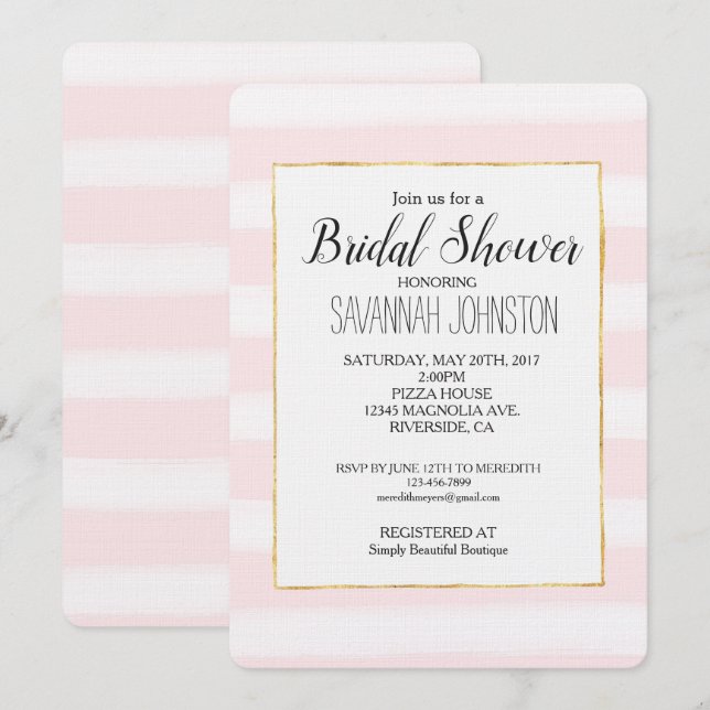 Soft Pink Stripes Watercolor Bridal Shower Invitation (Front/Back)
