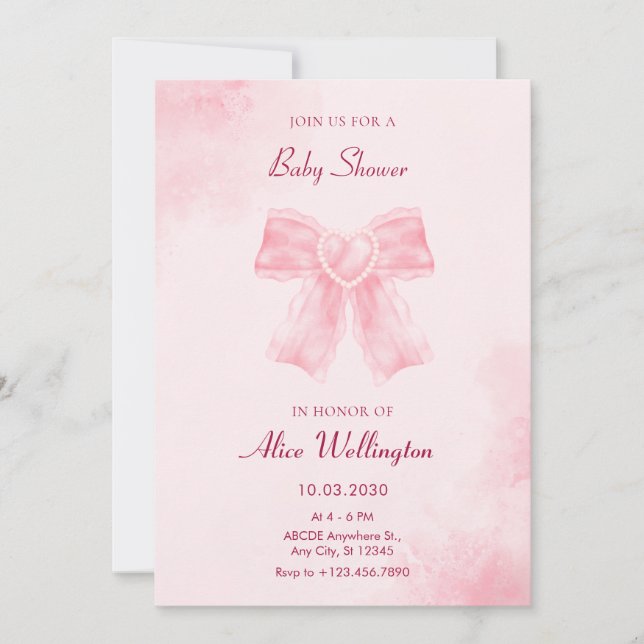 Soft pink sweet ribbon bow photo baby shower invitation (Front)