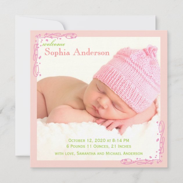 Soft Pink Swirl Baby Girl Photo Birth Announcement