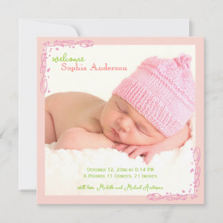 Soft Pink Swirl Baby Girl Photo Birth Announcement