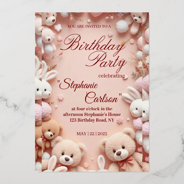 Soft Pink Teddy Bear Birthday Invitation Foil Invitation (Front)