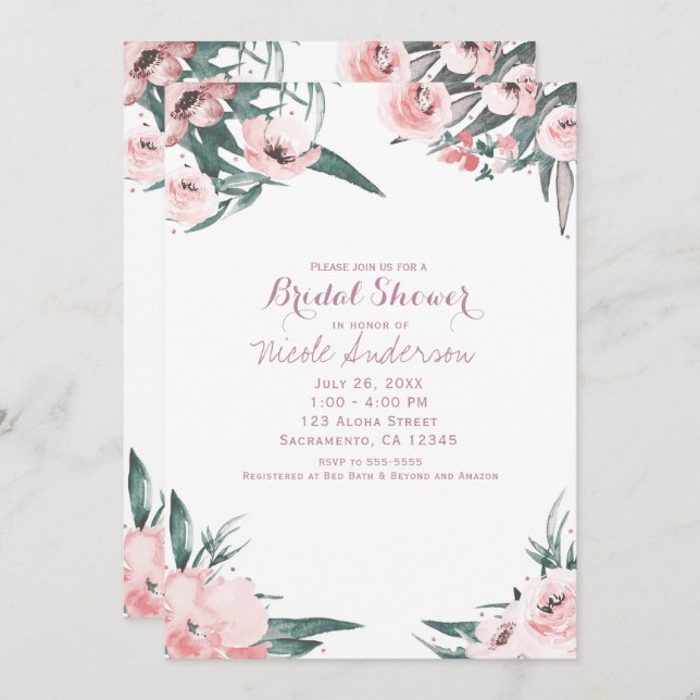 Soft Pink Tropical Summer Floral Bridal Shower Invitation (Front/Back)