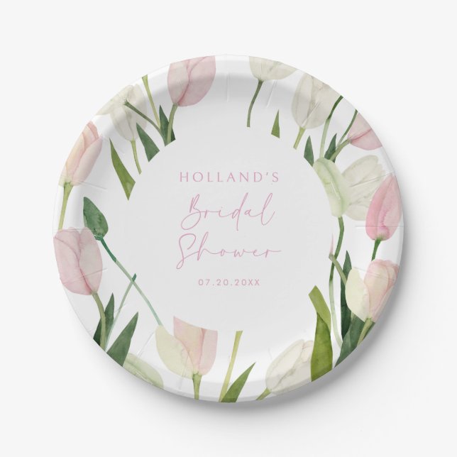 Soft Pink Tulip Bridal Shower Paper Plates (Front)