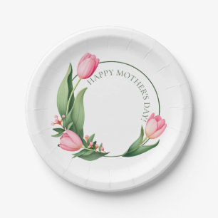 Soft Pink Tulip Floral Wreath Mother's Day Paper Plates