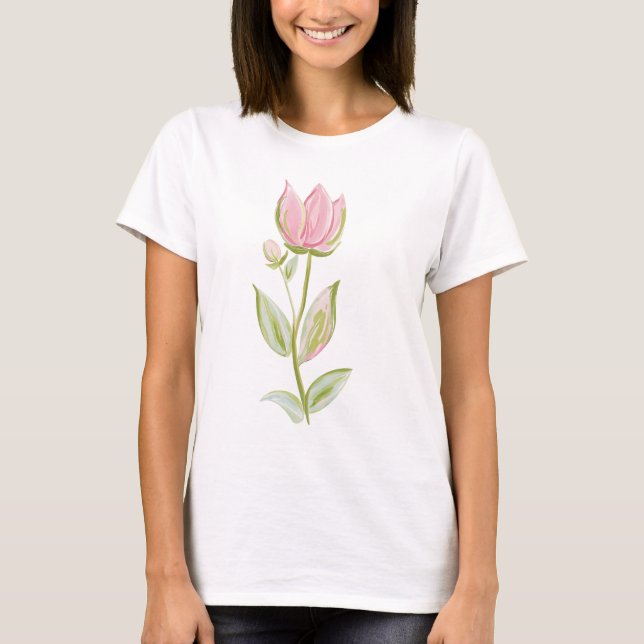 Soft Pink Tulip Watercolor Botanical Illustration T-Shirt (Front)