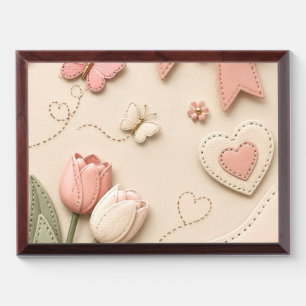 Soft Pink Tulips Hearts Butterflies Stitched Art  Award Plaque