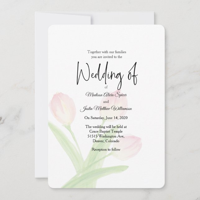 Soft Pink Tulips Watercolor Wedding Invitation (Front)