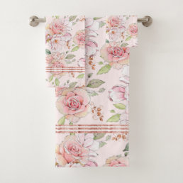 Soft pink vintage roses pattern bath towel set