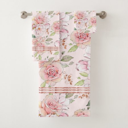 Soft Pink Vintage Roses Pattern Bath Towel Set