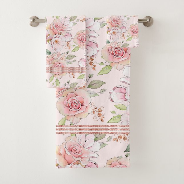 Soft pink vintage roses pattern bath towel set (Insitu)