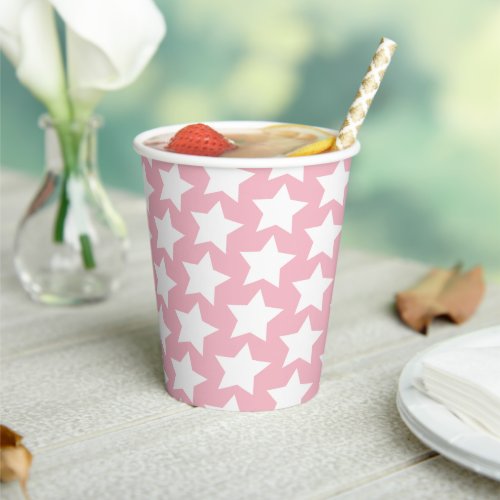 Soft Pink w Fun White Stars Pattern Paper Cups