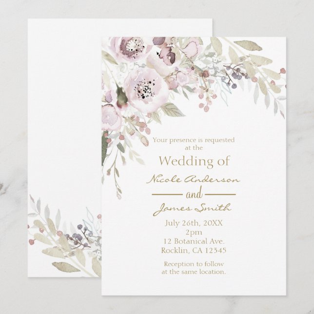 Soft Pink Watercolor Elegant Floral Wedding Bridal Invitation (Front/Back)