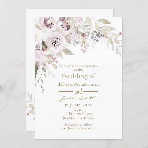 Soft Pink Watercolor Elegant Floral Wedding Bridal Invitation
