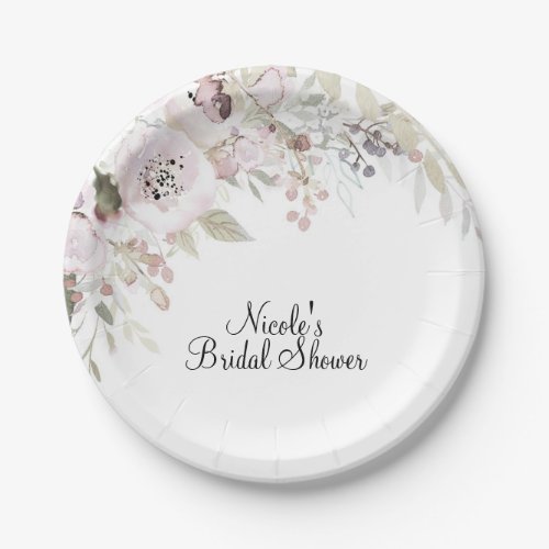 Soft Pink Watercolor Elegant Floral Wedding Bridal Paper Plates