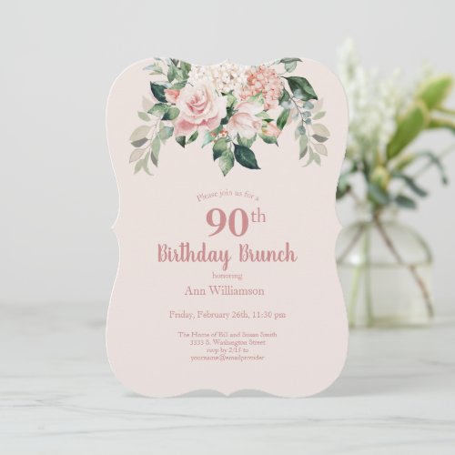 Soft Pink Watercolor Floral 90th Birthday Brunch Invitation