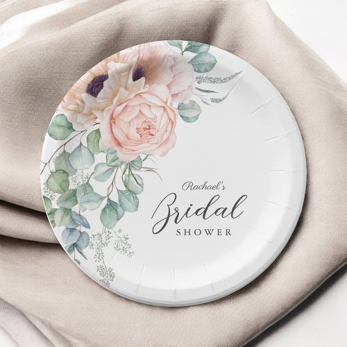 Soft Pink Watercolor Floral Bridal Shower Paper Plates