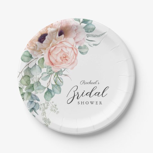 Soft Pink Watercolor Floral Bridal Shower Paper Plates