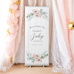 Soft Pink Watercolor Floral Girl Baby Shower Retractable Banner