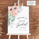 Soft Pink Watercolor Floral Girl Bridal Shower Poster<br><div class="desc">A beautifully feminine bridal shower welcome poster featuring a corner bouquet of watercolor poppies, roses, eucalyptus and trailing greenery in soft pastel pink, beige, green and blue-green. Trendy type face pairings include handwritten script and elegant serif. Personalize the easy to use text template with the Bride-to-Be's name and the event...</div>