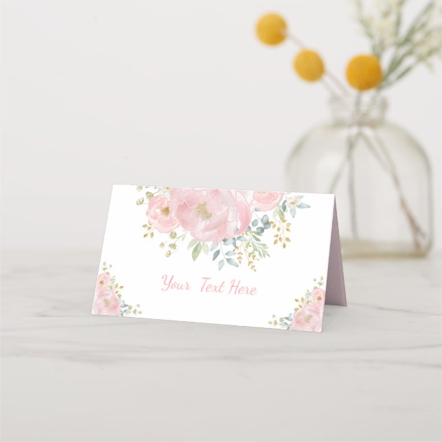 Soft Pink Watercolor Floral Greenery Wedding Place Card (Front)