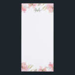 Soft Pink Watercolor Floral Monogram Magnetic Notepad<br><div class="desc">This pretty fridge magnetic notepad has a top and bottom border of pink watercolor flowers nestled in soft green leaves. The top also has your monogram in gray green with your name written over it in lavender pink.</div>