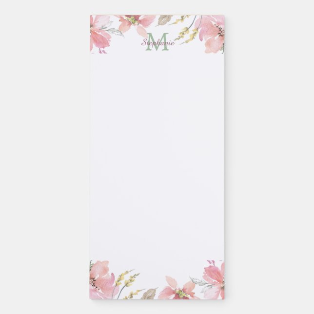 Soft Pink Watercolor Floral Monogram Magnetic Notepad (Front)