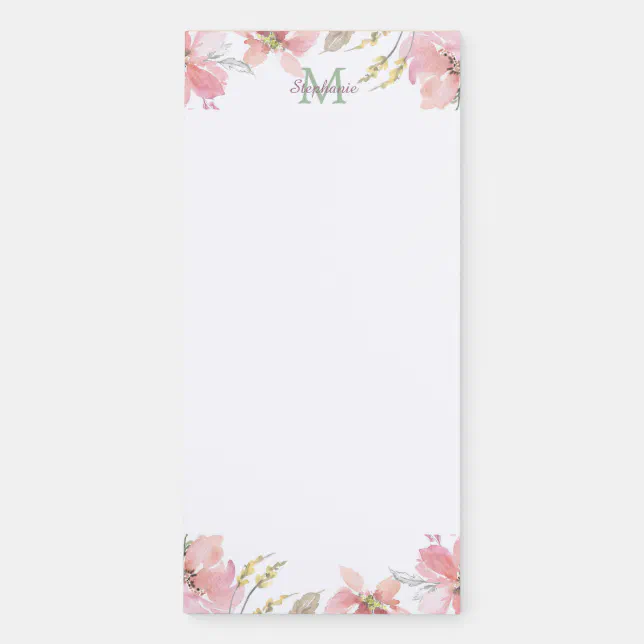 Soft Pink Watercolor Floral Monogram Magnetic Notepad | Zazzle