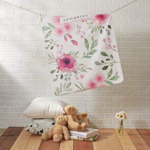Soft Pink Watercolor Floral Personalized Baby Blanket