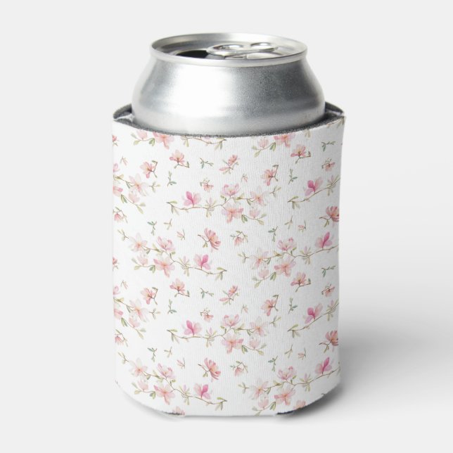 Soft Pink Watercolor Flower Pattern Can Cooler (Can Front)