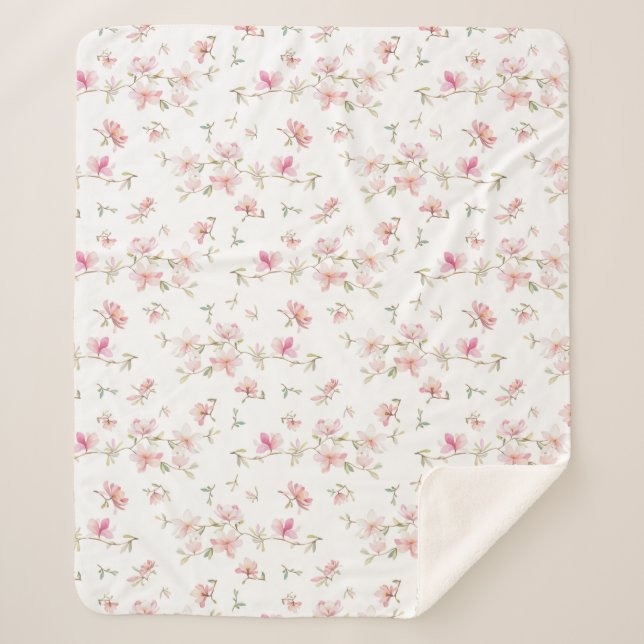 Soft Pink Watercolor Flower Pattern Sherpa Blanket (Front)