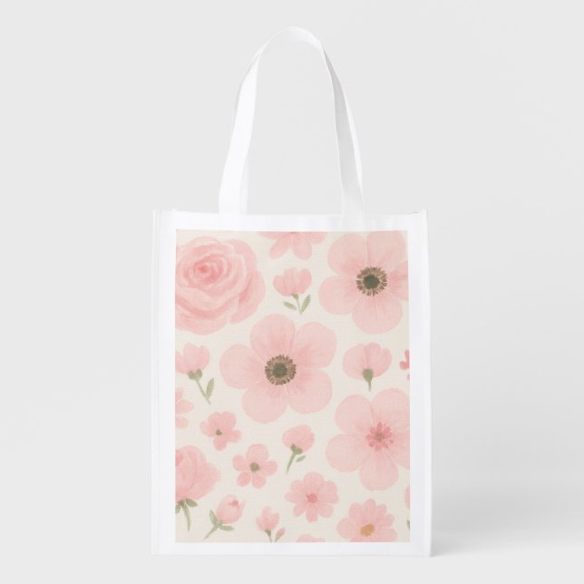 Soft Pink Watercolor Flower Pattern Tote Bag (Front)