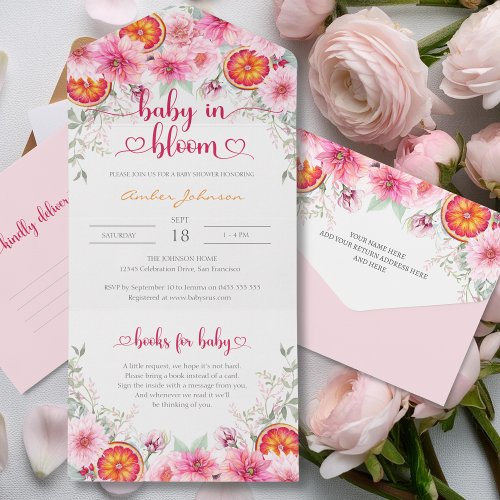Soft Pink Watercolor Flowers  Citrus Baby Shower All In One Invitation