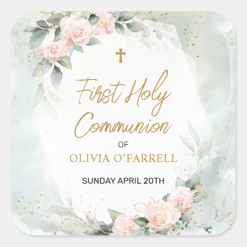 Soft Pink Watercolor Flowers First Holy Communion Square Sticker